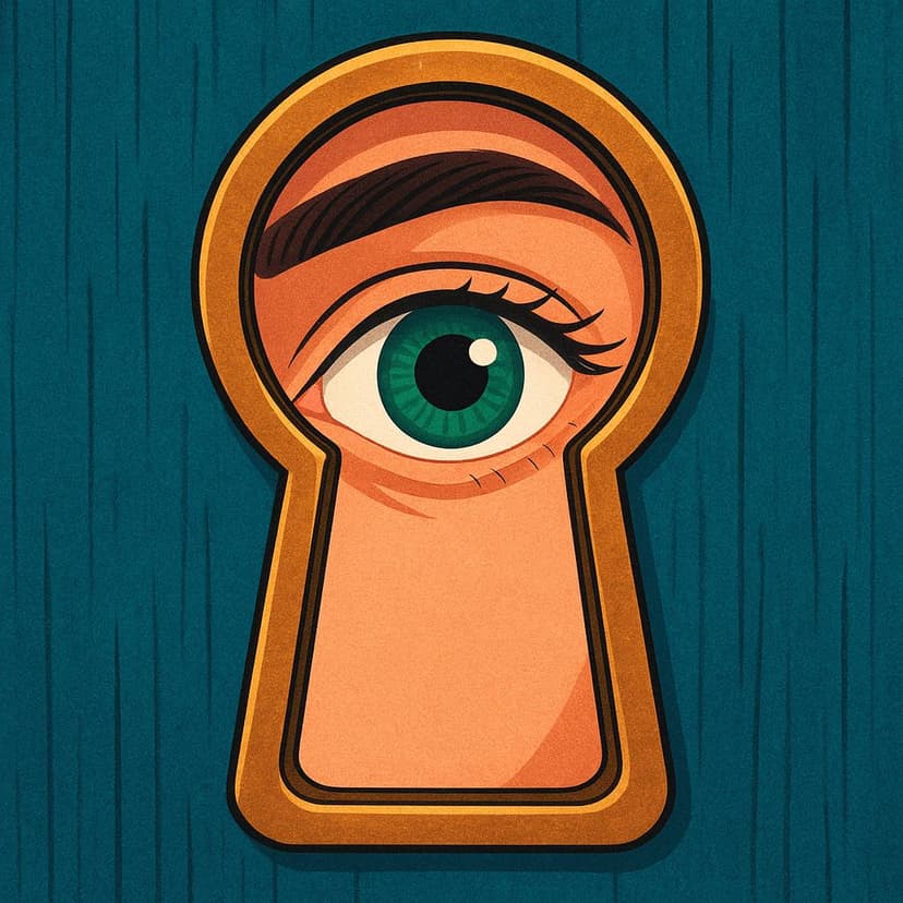 Una vista ravvicinata di un singolo occhio umano che guarda intensamente attraverso un buco della serratura in ottone in una solida porta di legno.