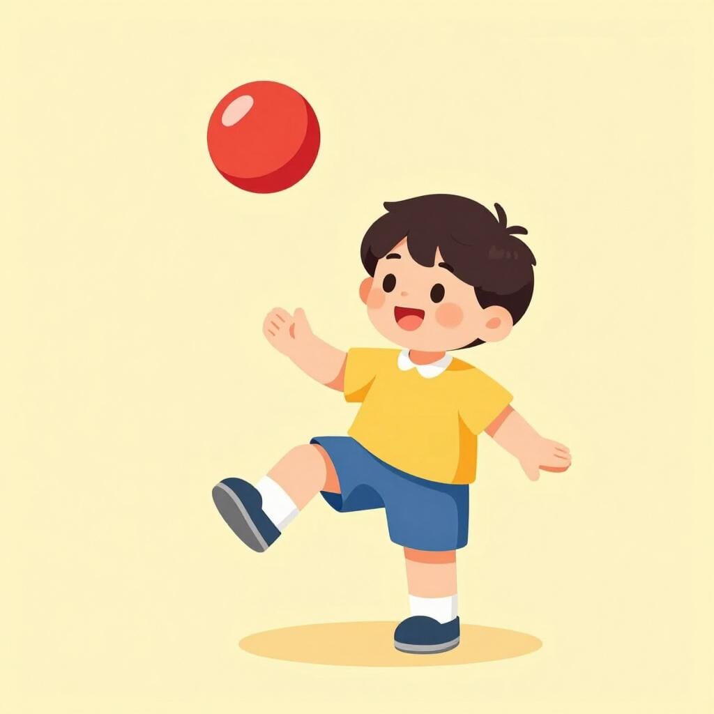 A child juggling two different colored balls while balancing on one foot, showing multiple actions happening at once.