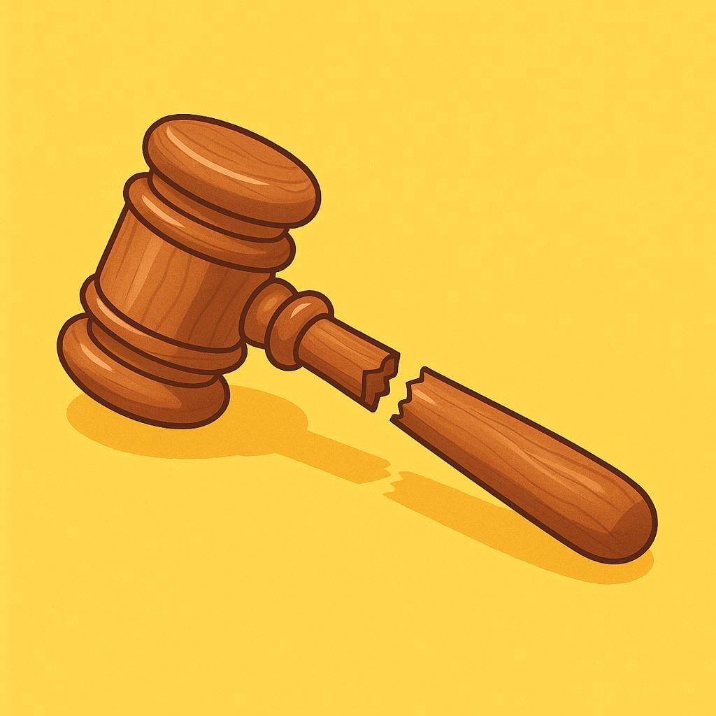 A broken wooden gavel on a plain surface.