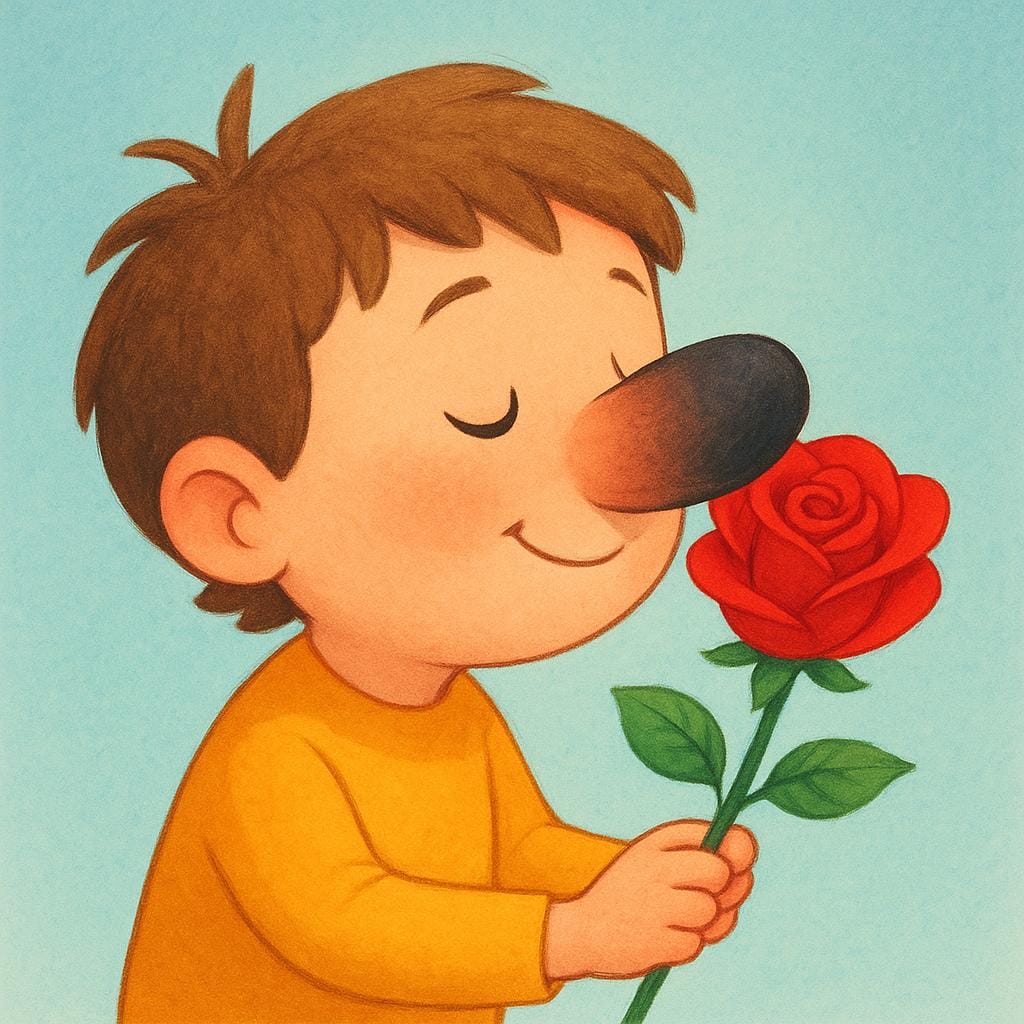 Un enfant de dessin animé se penche, ferme les yeux et renifle intensément une grande rose rouge vif qu'il tient dans ses mains.
