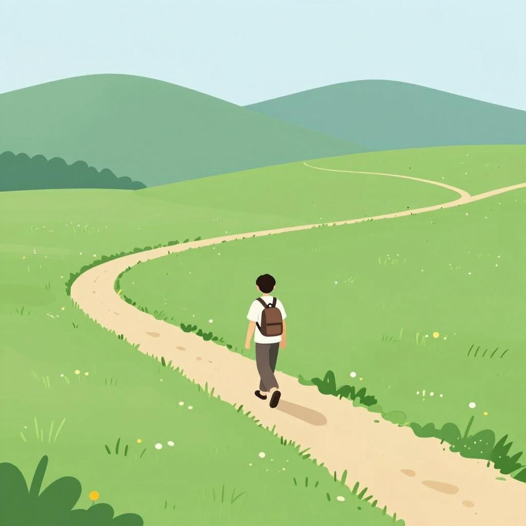 A character with a small backpack walking away down a winding path towards the horizon.