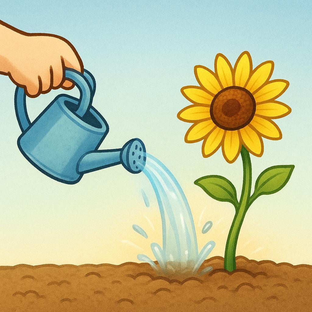 A small hand pouring water from a watering can onto dry soil, causing a large, vibrant sunflower to sprout instantly.
