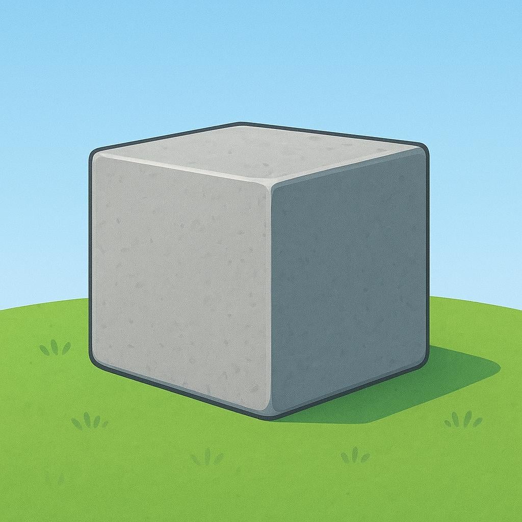 A large, perfectly square, solid gray stone cornerstone resting firmly on green earth, symbolizing an established, proven fact.
