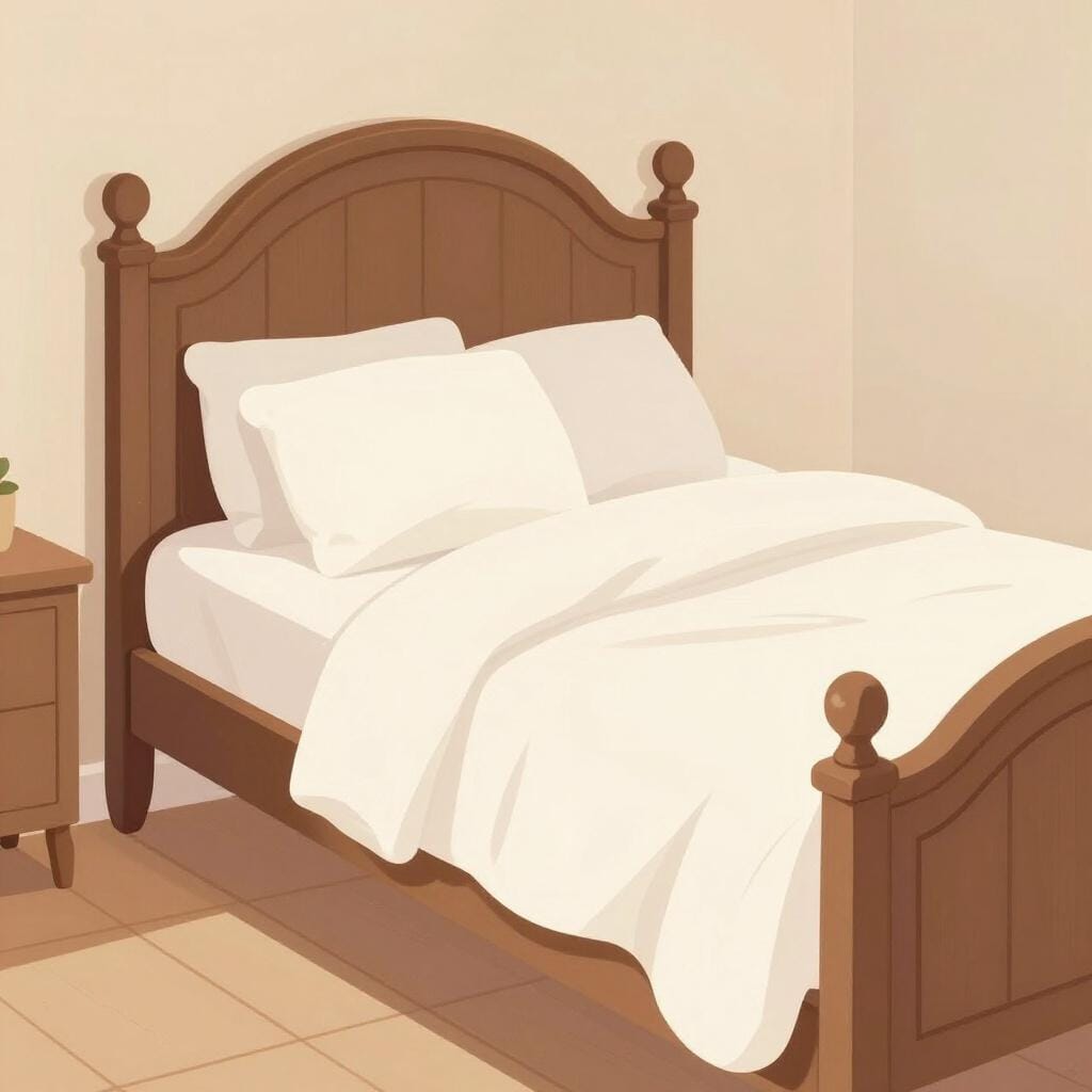 An ornate, elegant wooden bed with white silk sheets and soft pillows in a sunlit room.