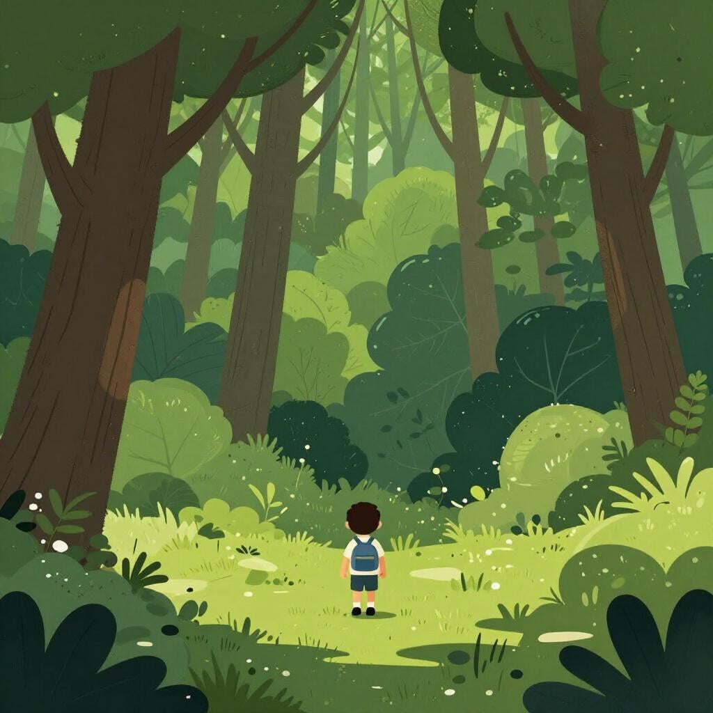 A small child walking into a dense, lush green forest with tall trees.