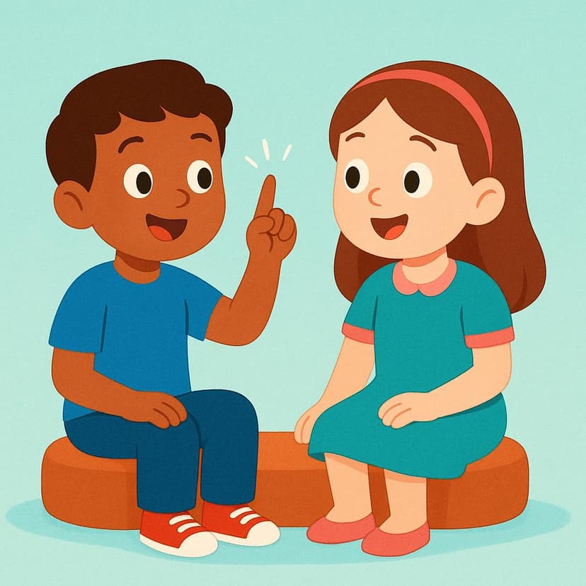 Two simple, colorful figures (a boy and a girl) sitting together, both simultaneously raising an index finger to indicate a shared realization or knowledge.