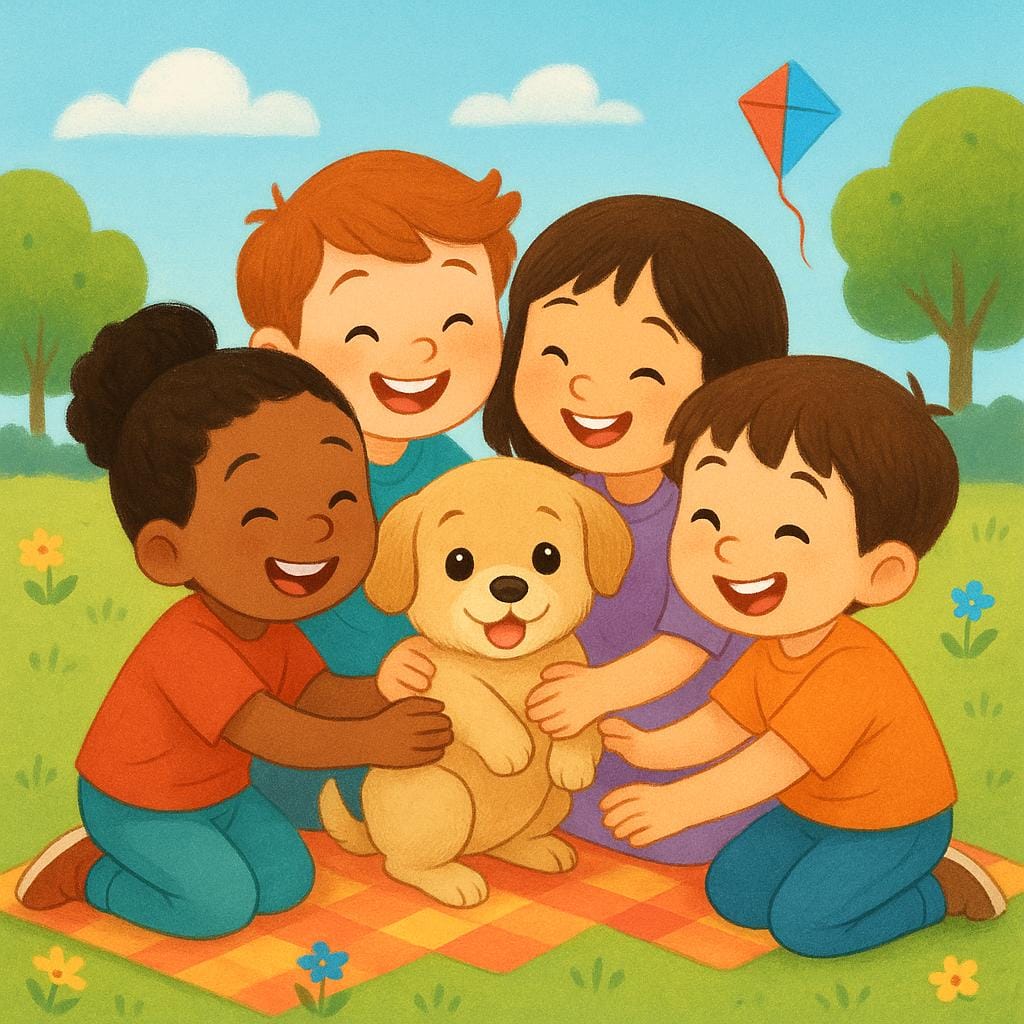 A small, friendly puppy being surrounded and happily petted by several smiling children in a sunny, grassy park.