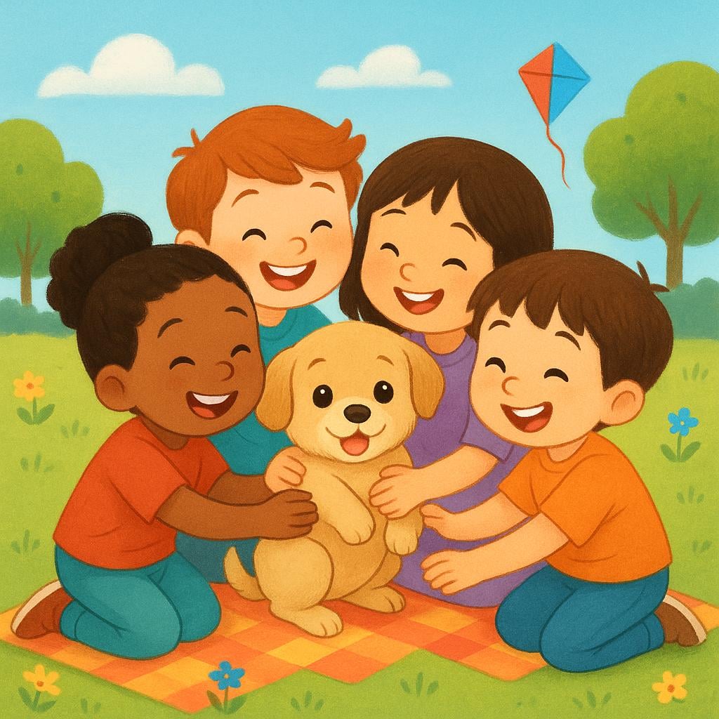 A small, friendly puppy being surrounded and happily petted by several smiling children in a sunny, grassy park.