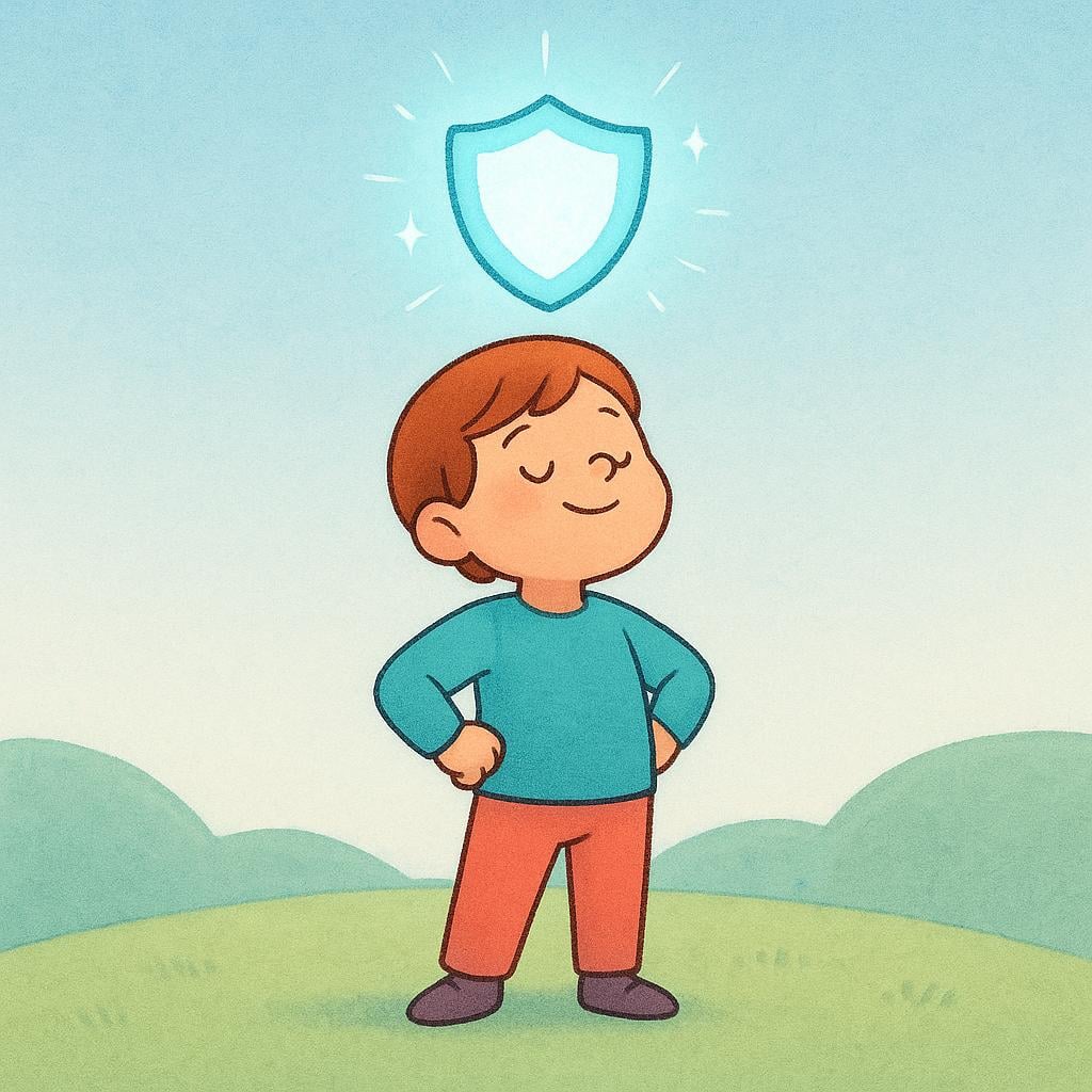 A small, previously timid figure standing tall with a look of determination, symbolizing the acquisition of strength or courage.