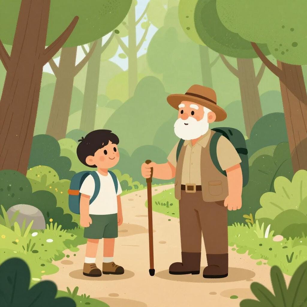 A wise older explorer in a sunlit forest pointing a younger hiker toward a safe, clear path.