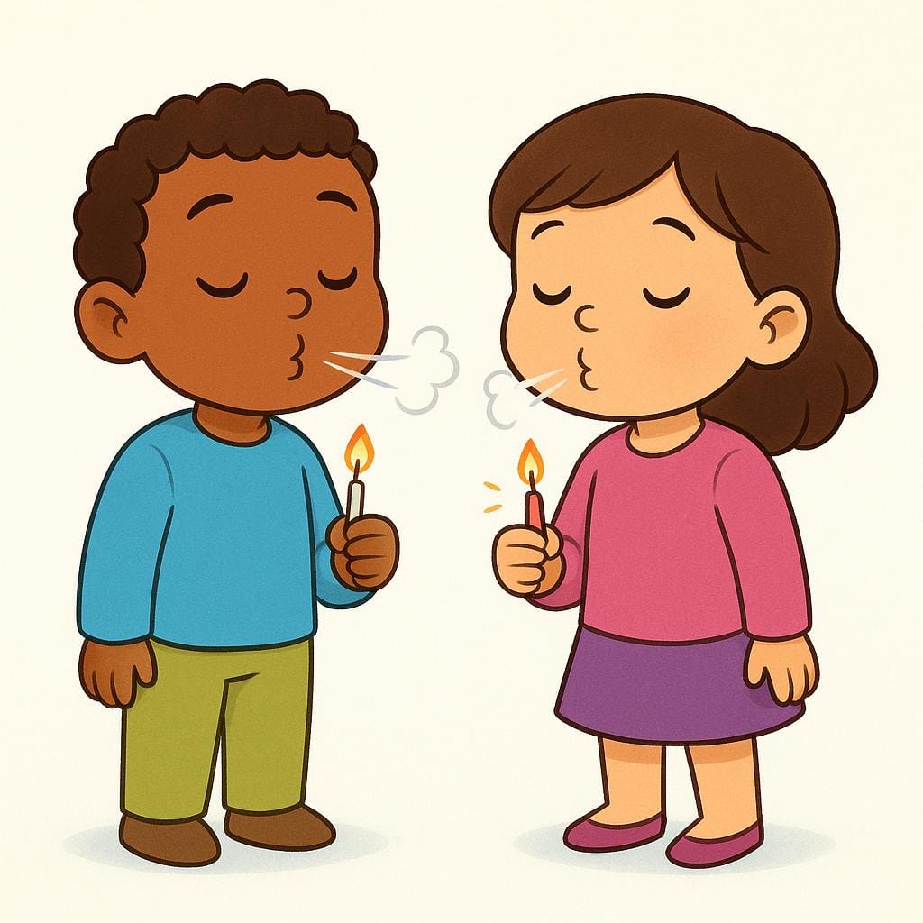 Twee stripfiguren die naast elkaar staan en elk tegelijkertijd de kleine kaars die ze vasthouden uitblazen, wat zelfvernietiging voorstelt.