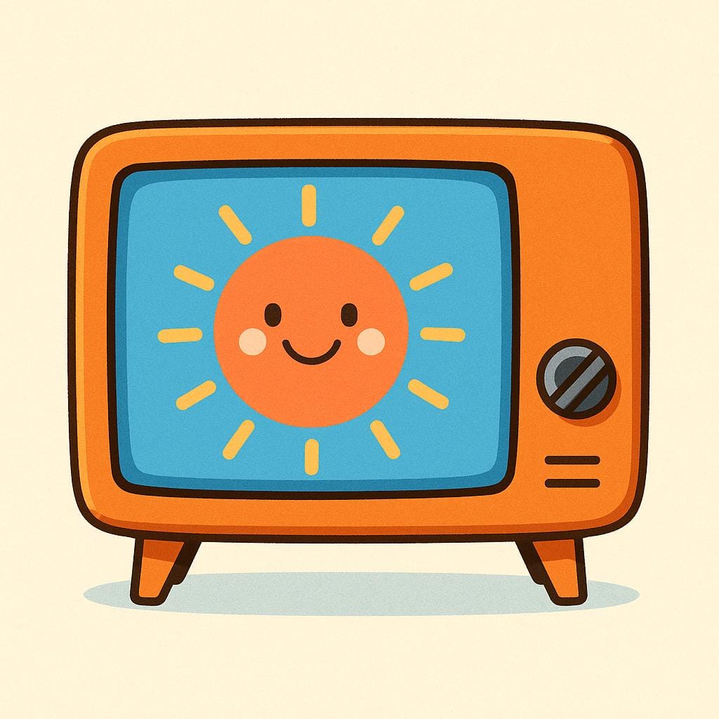 A simple, vintage-style television set displaying a bright, colorful cartoon image of a smiling sun on its screen.