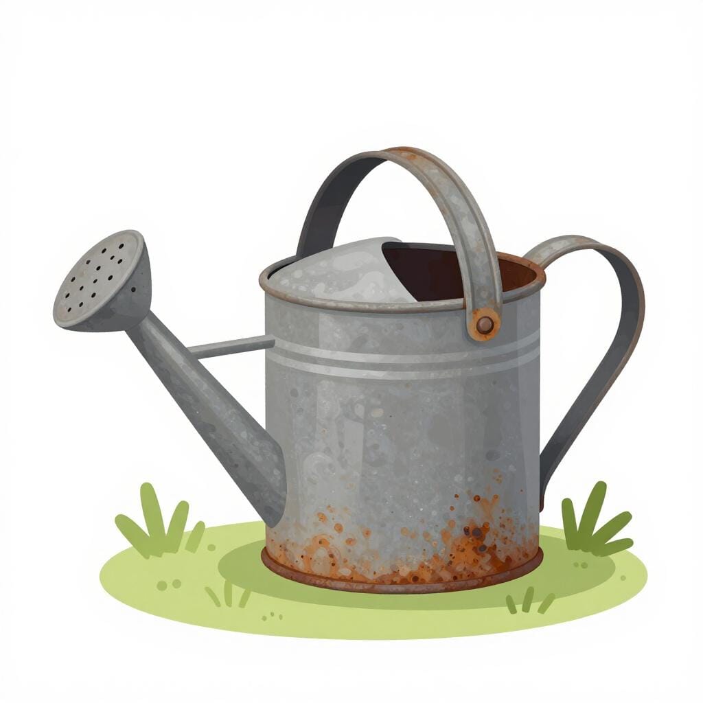 An old, rusty metal watering can sitting in tall grass, showing signs of decay.