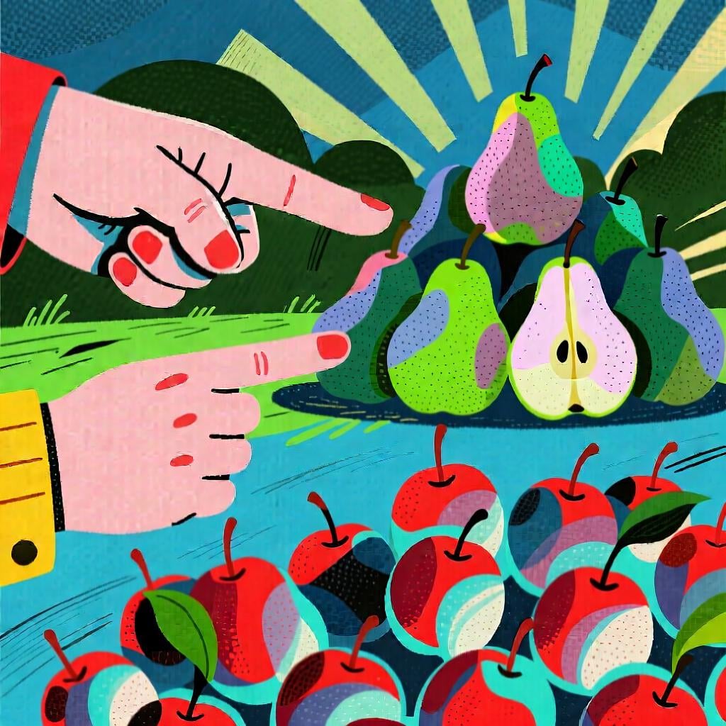 A hand clearly indicating a pile of bright green pears located at a distance, contrasted with a pile of red pears closer to the viewer, representing the pronoun 'those ones'.