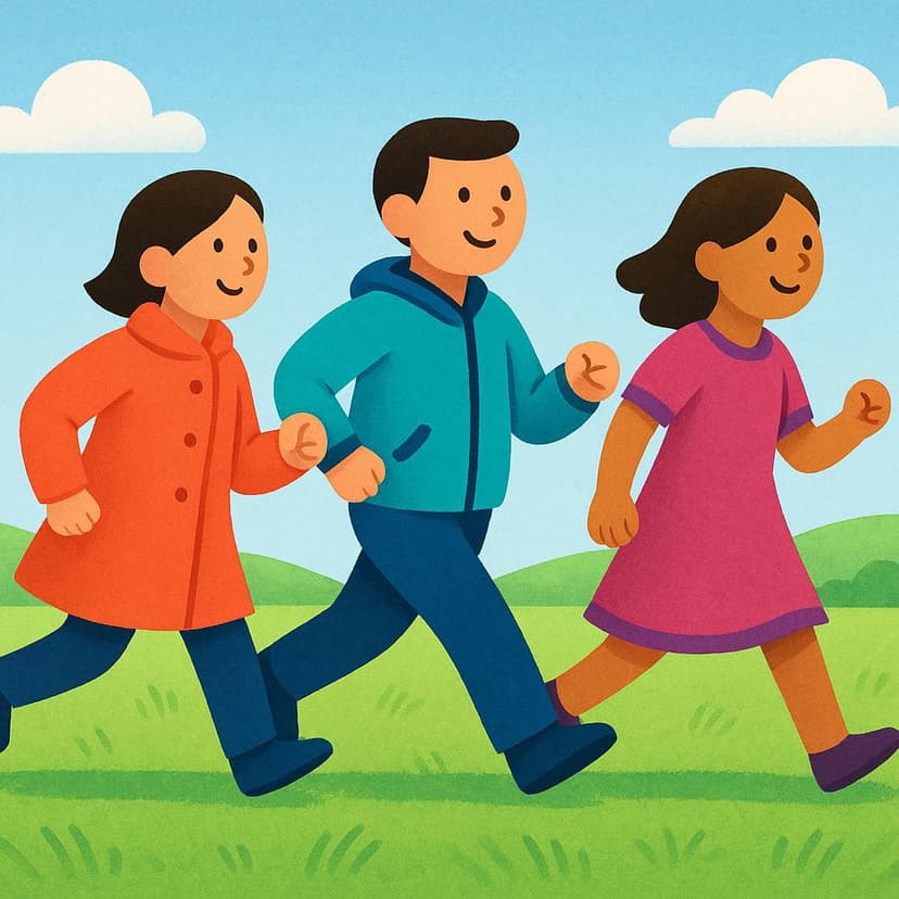 Three stylized figures wearing brightly colored outfits walking swiftly together across a green field, illustrating the command for a group to move.