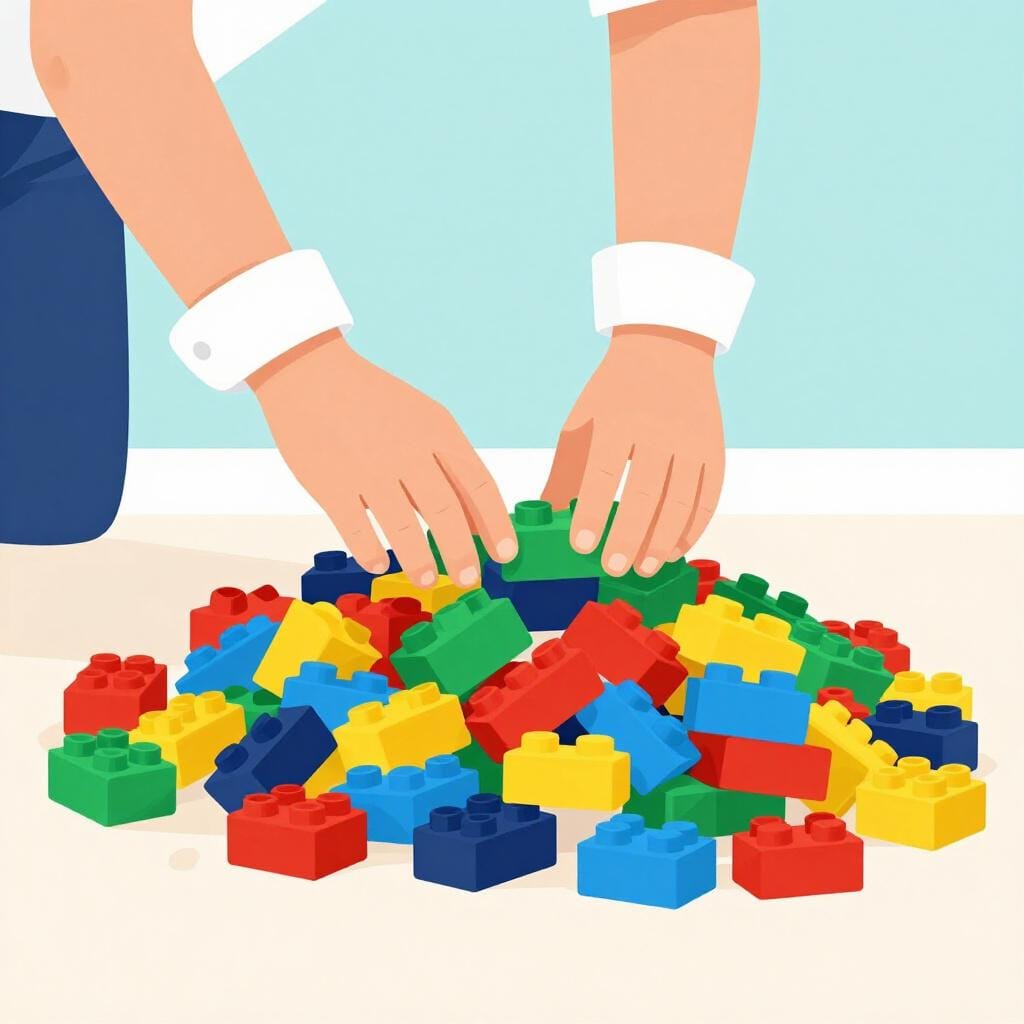 カラフルな積み木がたくさん積まれた散らかった山を整理しようと、袖をまくり上げる人の様子。