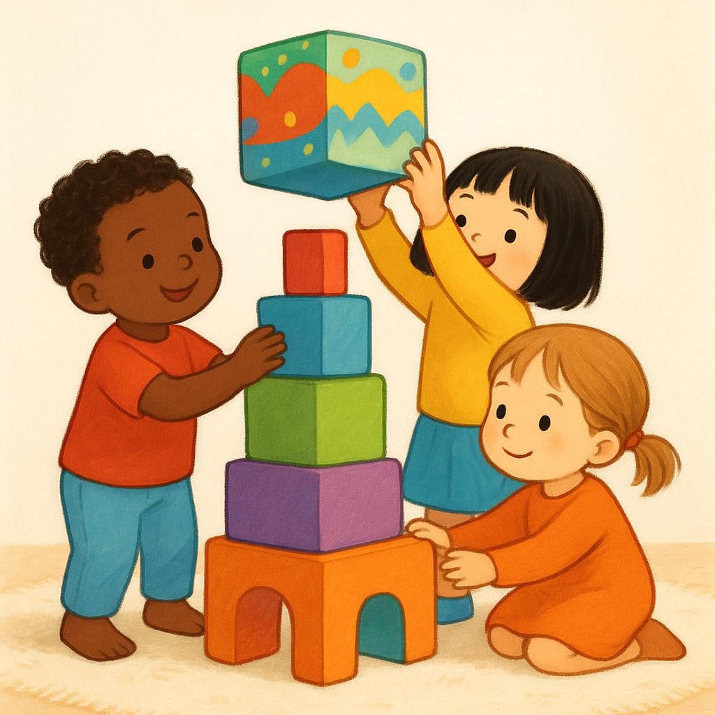 Three children collaboratively placing a large, colorful block onto the peak of a tall toy tower in a playful setting.