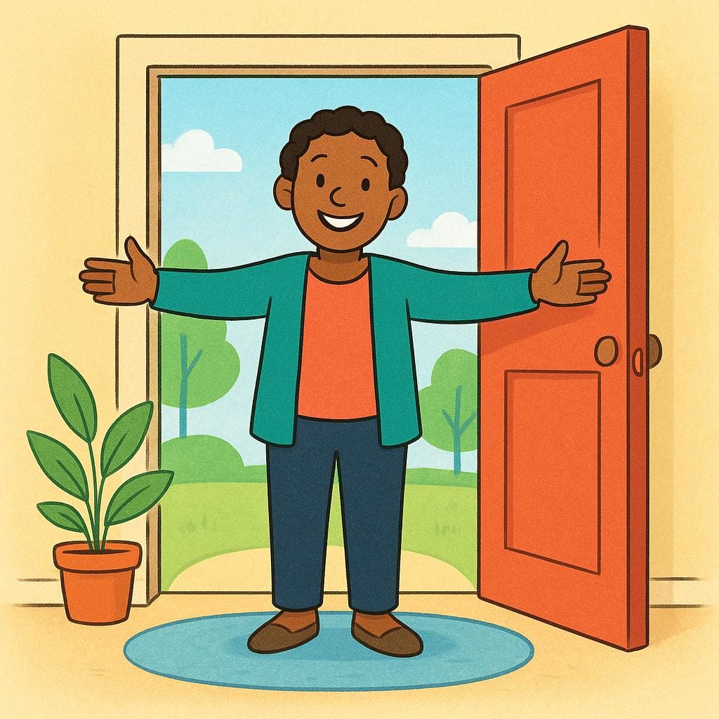 A friendly person standing in an open doorway with wide open arms and a large smile, welcoming a visitor into their home.