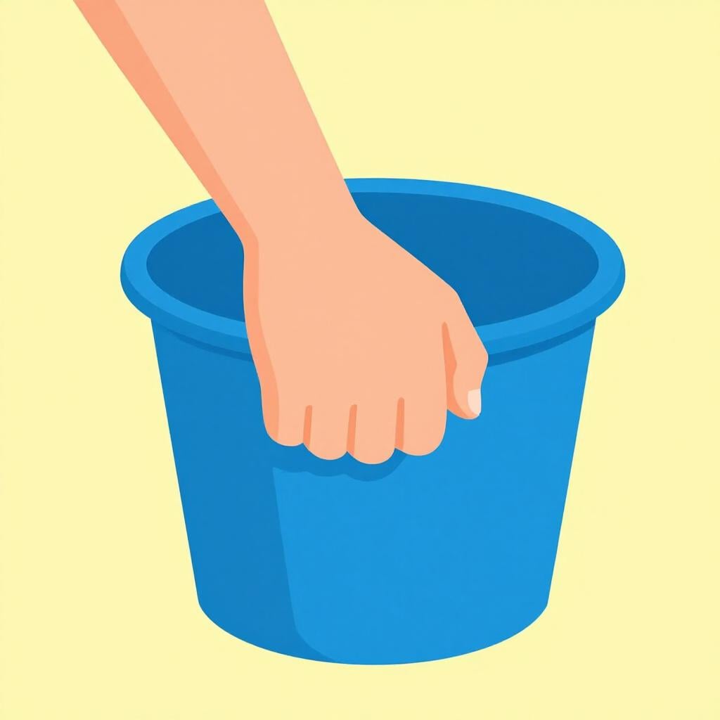A hand firmly gripping the handle of a colorful bucket.