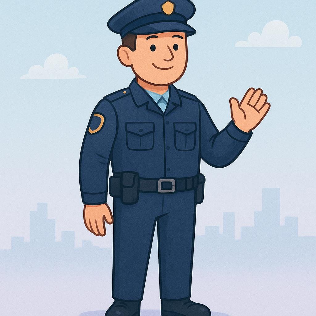 A uniformed police officer standing formally, wearing a uniform with a prominent shield insignia, representing a federal police agent.