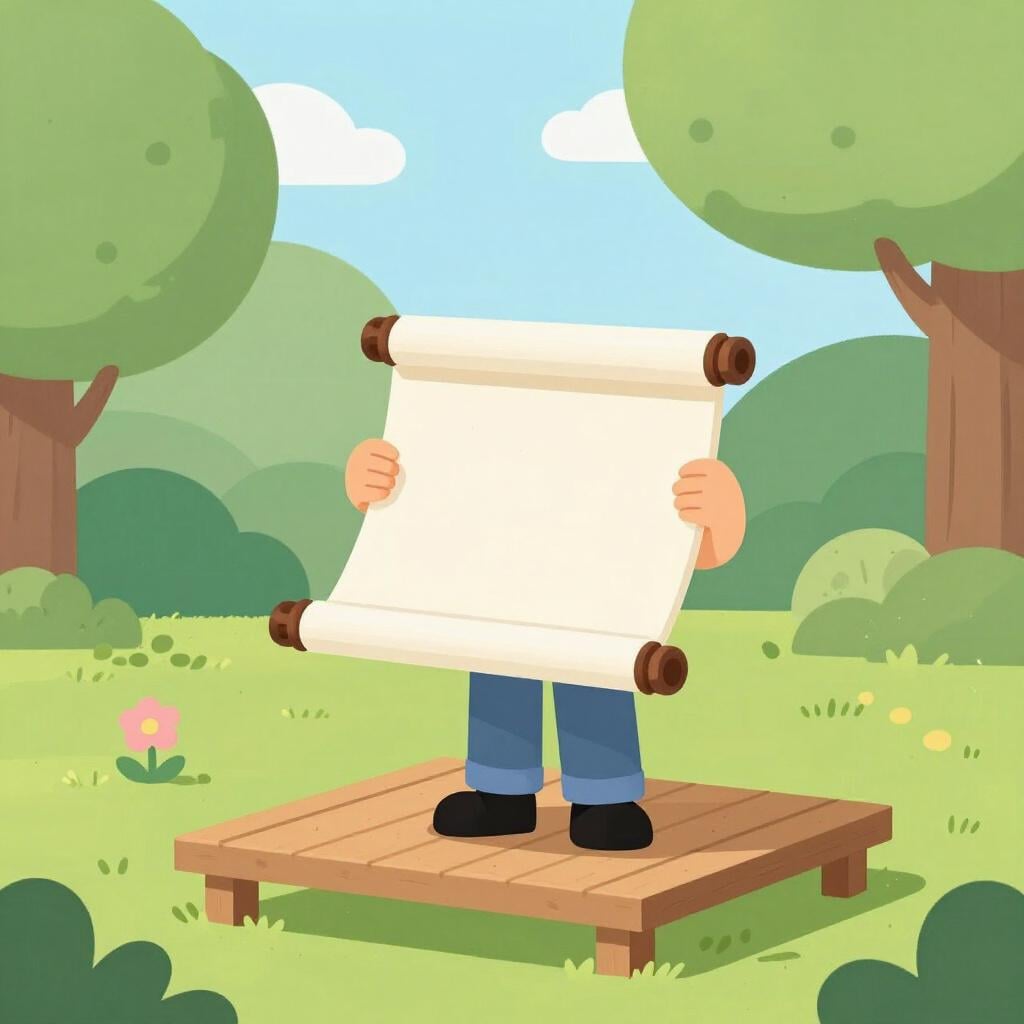 A person standing on a wooden box in a park, holding up a large unrolled scroll.
