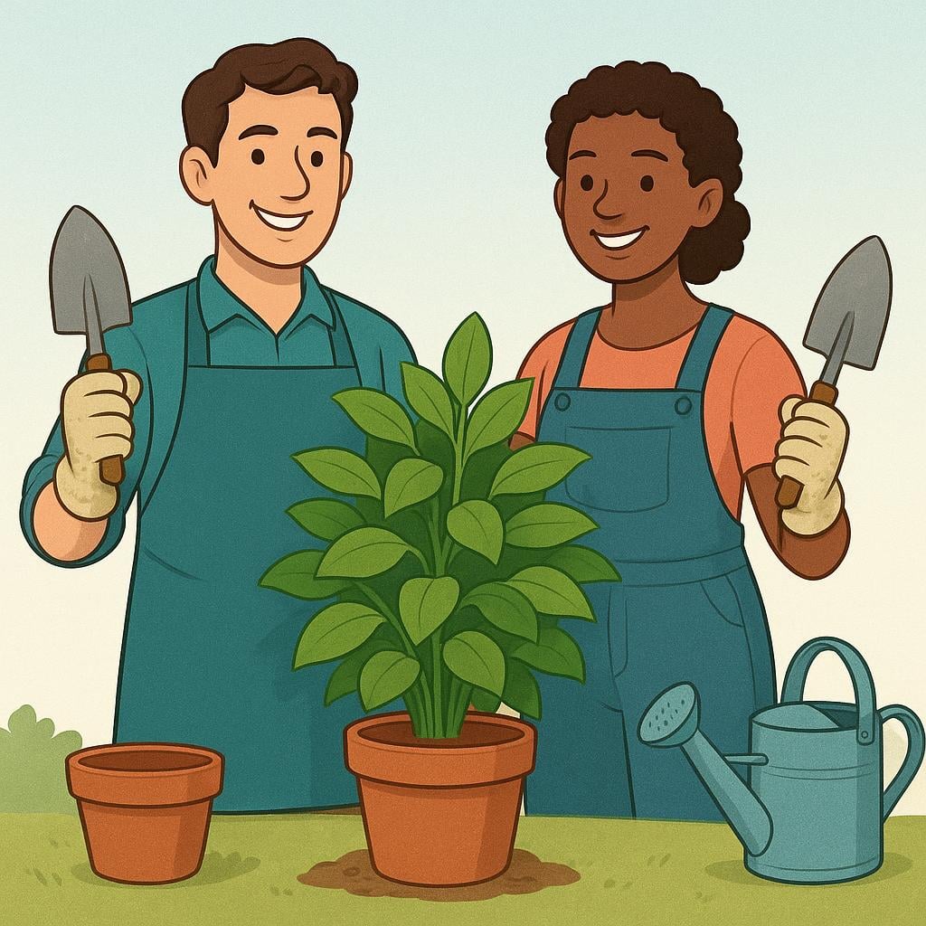 Two professional gardeners, wearing gloves and holding tools, standing confidently next to a vibrant, healthy plant they cultivated, symbolizing expertise.