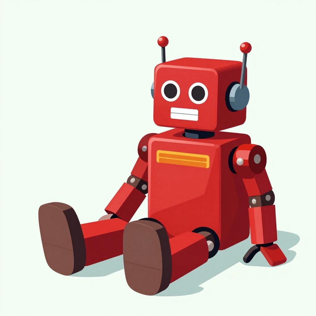 床に座っているカラフルなおもちゃのロボット。腕が一本なく、配線がむき出しになっている。