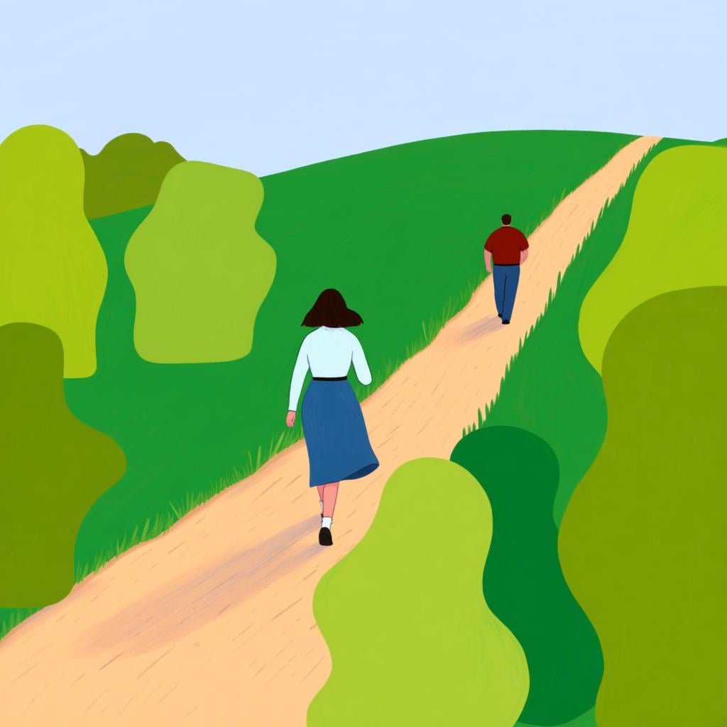 A person walking closely behind another person on a path, illustrating the act of following.