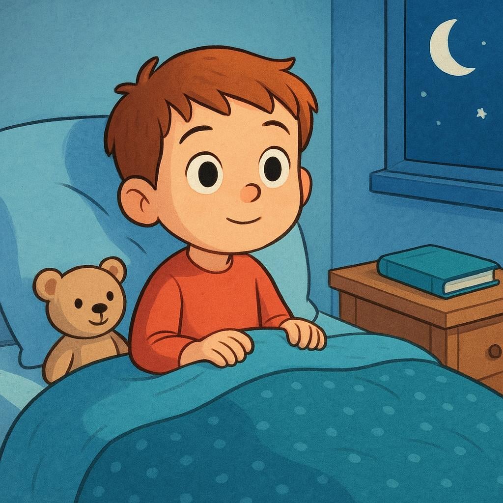 A young child sitting up in a cozy bed with wide open eyes, looking alert and fully awake.