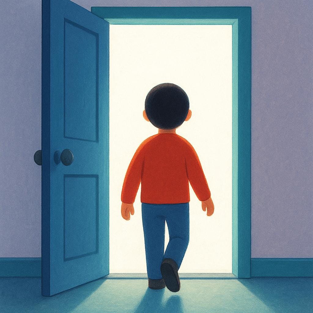 A child is stepping through an open doorway, moving from the interior of a room to the exterior, illustrating the action of leaving or departing.