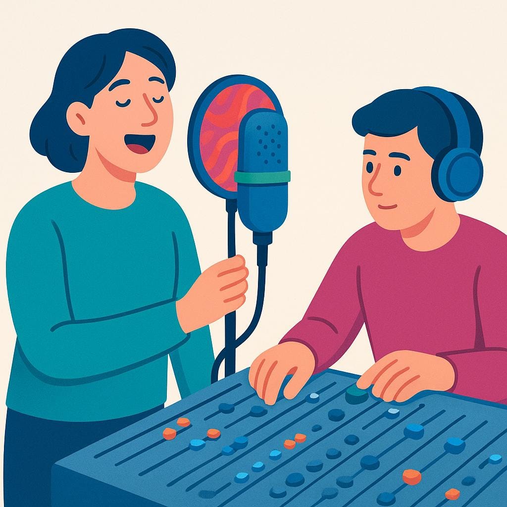 A colorful illustration showing a person recording vocals into a studio microphone, with an engineer monitoring the sound.