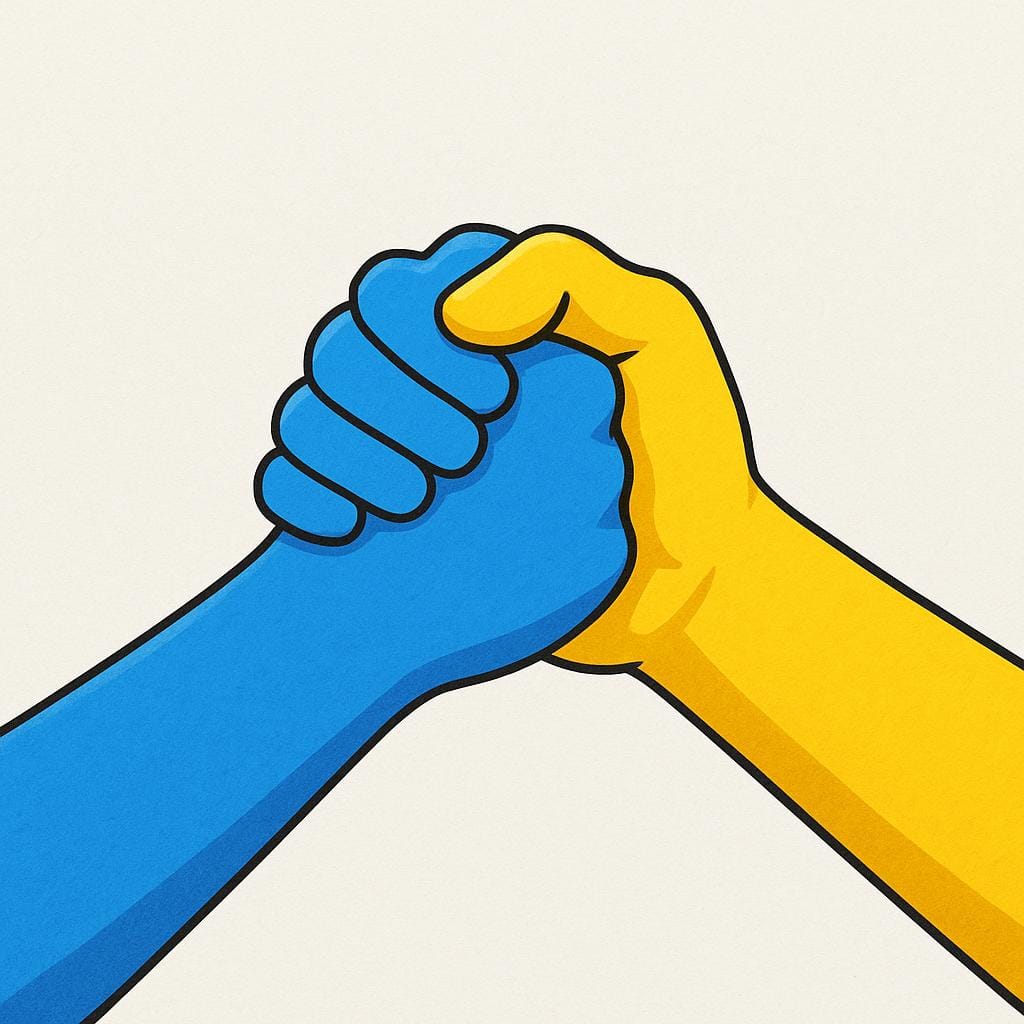 Duas mãos estilizadas de cores diferentes apertando-se firmemente em um aperto de mão, simbolizando unidade e colaboração.