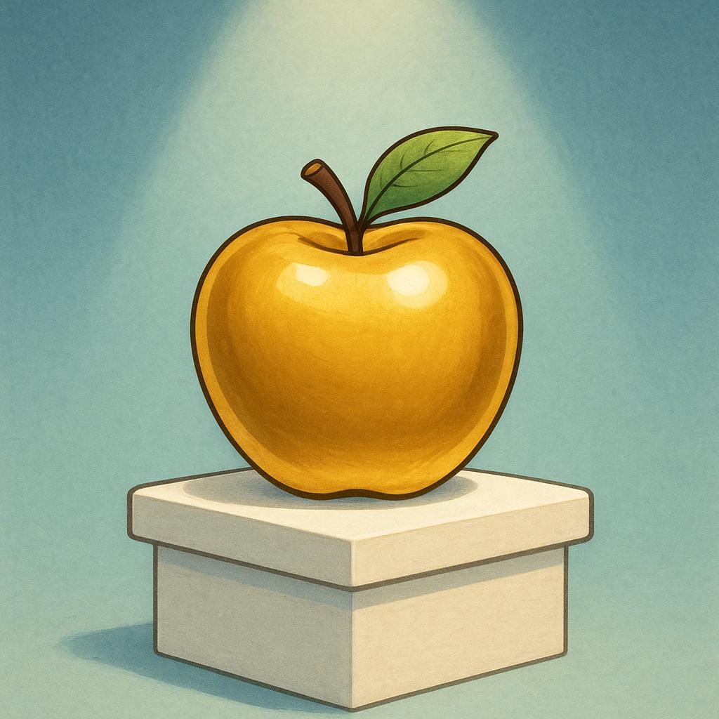 A shiny, perfectly formed golden apple resting on a simple white pedestal, illuminated by a spotlight, symbolizing a high standard of quality.