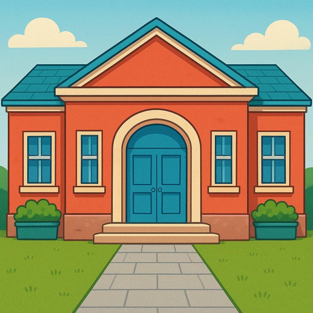 The grand, ornate front entrance and façade of a simple, colorful public building.