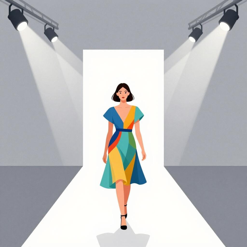 A model walking down a long, bright runway at a fashion show.
