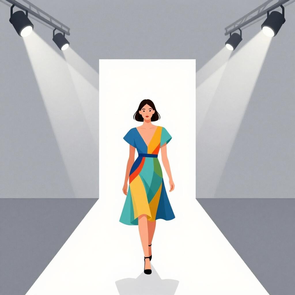 Uma modelo desfilando em uma passarela longa e iluminada em um desfile de moda.