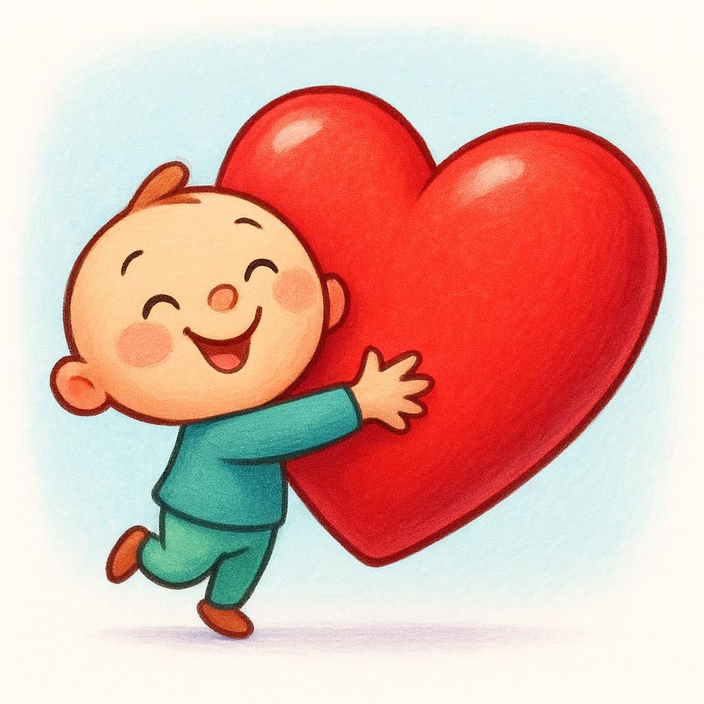 A small, cheerful storybook character is enthusiastically hugging a gigantic, bright red heart that is much larger than they are, symbolizing intense affection.