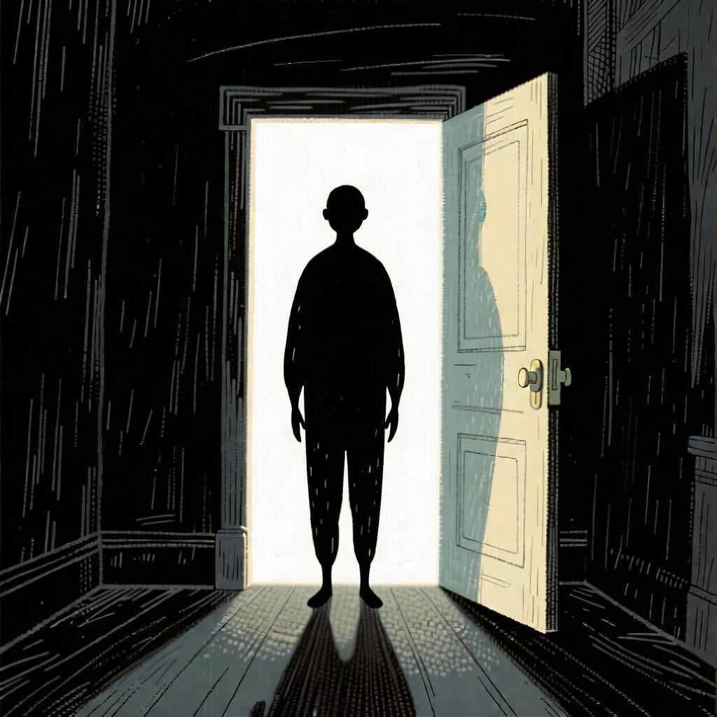 A friendly, silhouetted figure standing in a doorway, representing an unknown person.