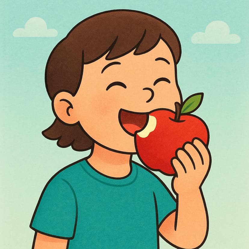 Uma ilustração colorida de uma jovem sorridente sentada à mesa e dando uma mordida feliz em uma maçã grande e vermelha.