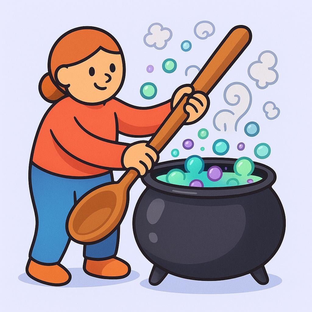 A simple cartoon figure uses a large wooden spoon to vigorously stir a bubbling, dark cauldron, causing small chaotic energy clouds to rise, symbolizing stirring up trouble or emotion.