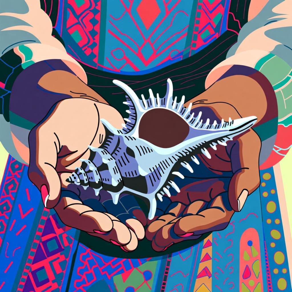 Someone holding up a beautiful seashell, telling a friend to look at it.