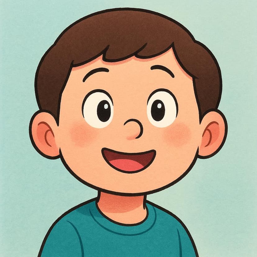 Eine einfache stilisierte Figur, vielleicht ein Kind, mit einem strahlenden Lächeln und weiten, wissenden Augen, die eine klare Erkenntnis nach dem Hören von Informationen zeigt.