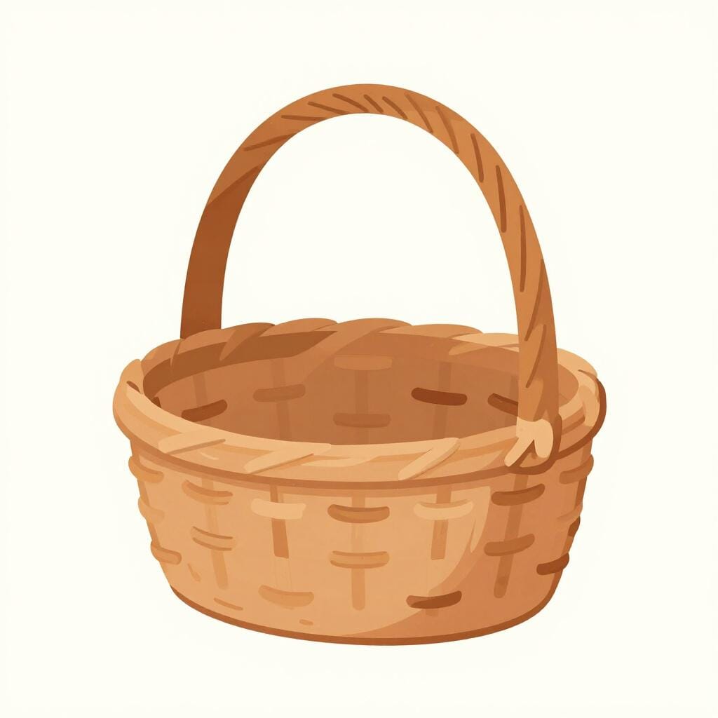 Een geweven rieten mand met een handvat, staand op een houten tafel.