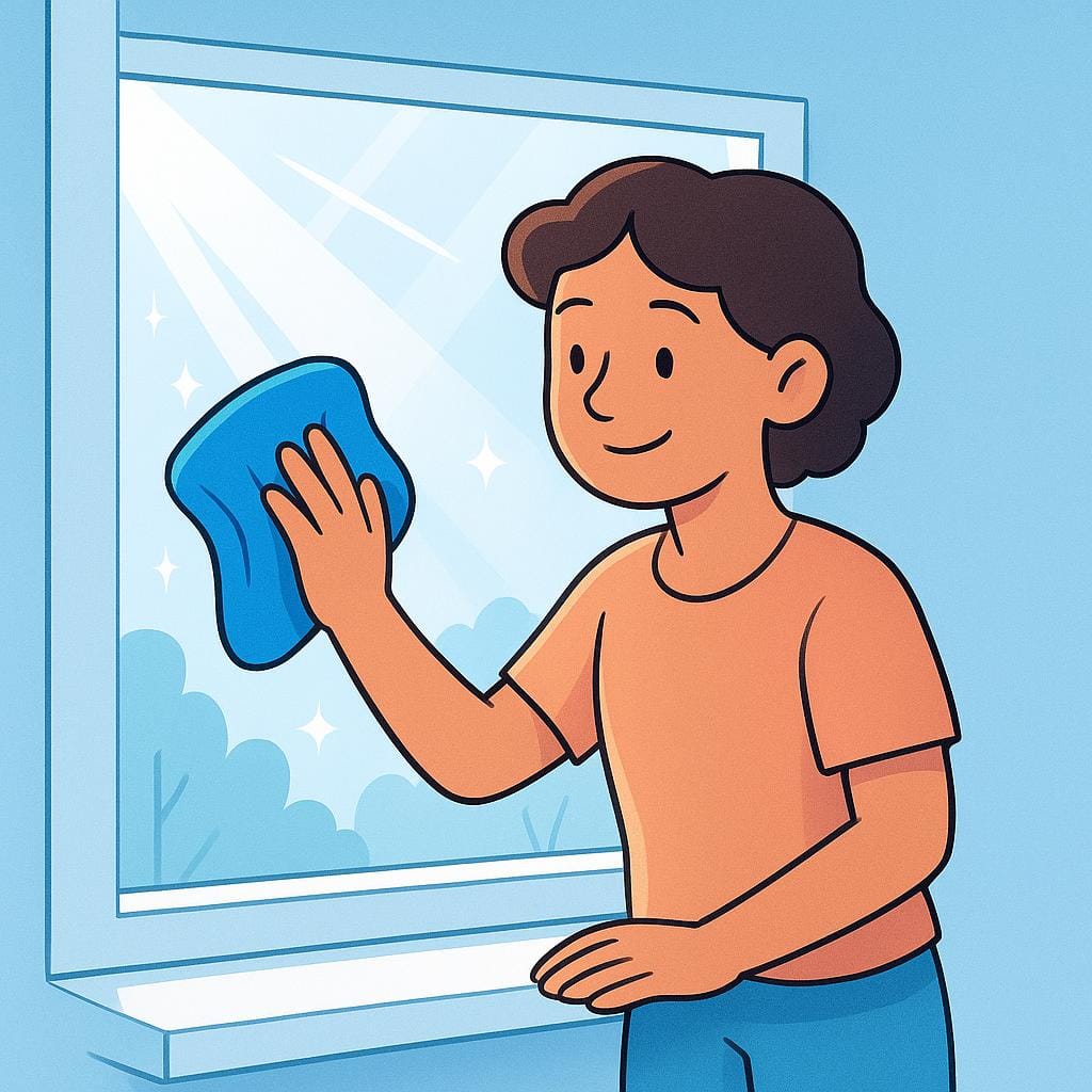 A cartoon character enthusiastically wiping a large window with a blue rag until the glass sparkles and shines brightly.