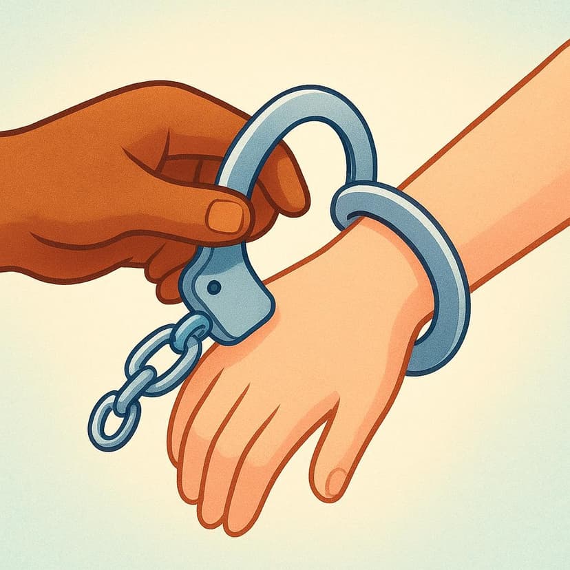 A close-up view of a hand attaching a metal handcuff to the wrist of another person.