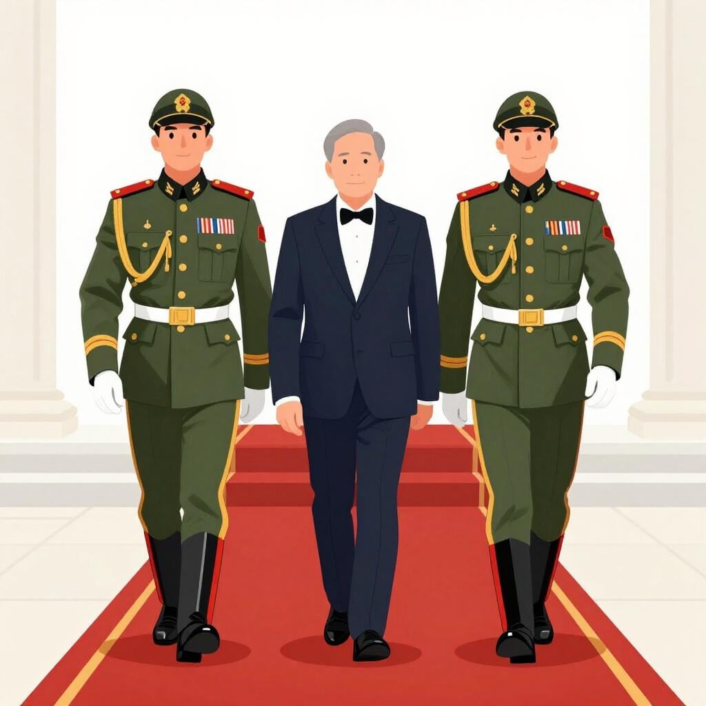 Two soldiers in formal dress uniforms marching alongside a dignitary in a respectful manner.
