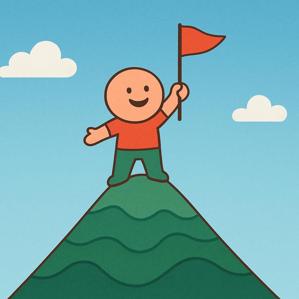 Un piccolo personaggio gioioso si trova sulla cima di una montagna stilizzata, tenendo in alto una bandiera rossa, a simboleggiare il raggiungimento di un obiettivo.
