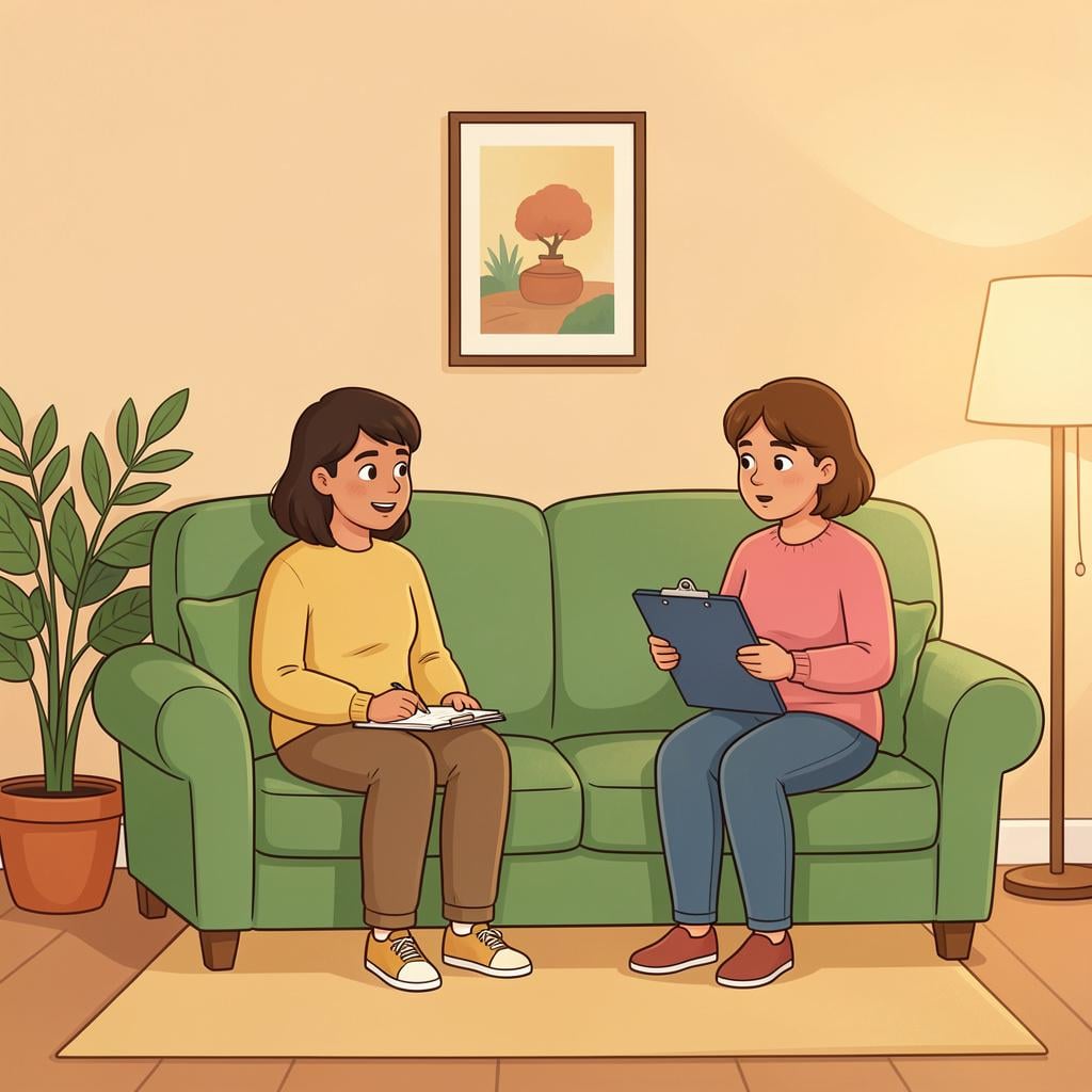 A colorful storybook illustration of a person sitting in a comfortable chair talking to a professional with a clipboard, symbolizing the study of behavior.