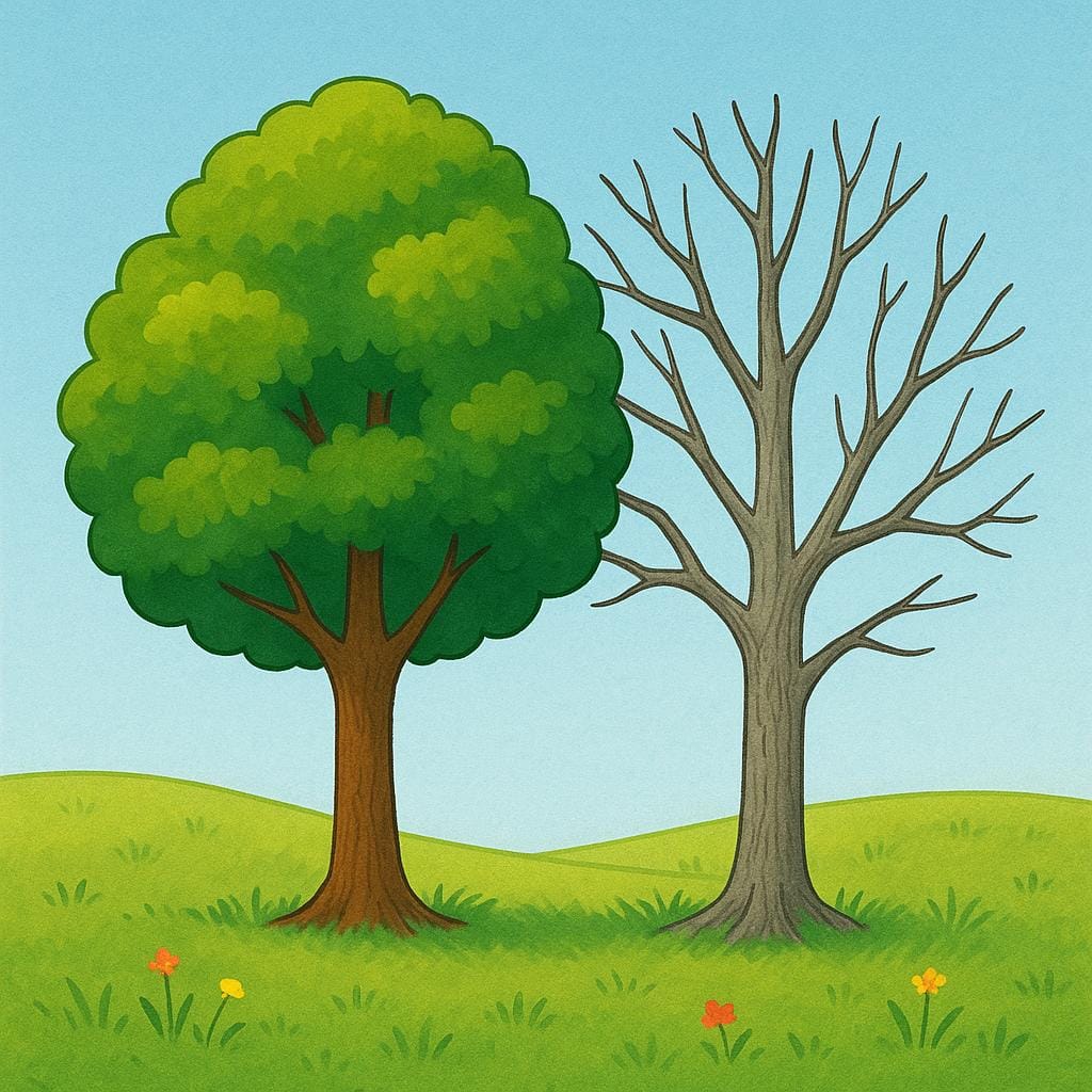 Una semplice illustrazione che mostra un contrasto tra un albero verde, alto e rigoglioso, e un albero spoglio e grigio adiacente, senza vita, in un prato.