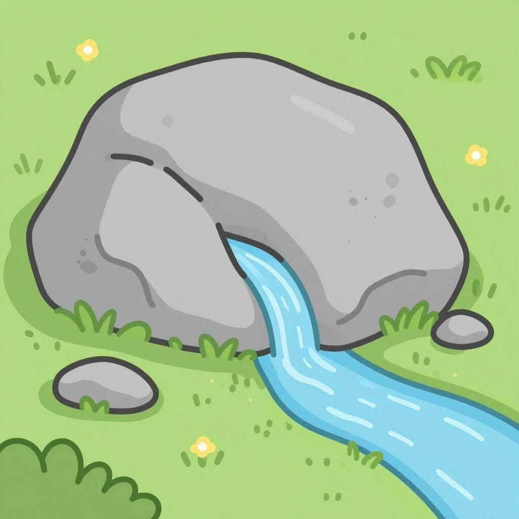 Een kleine waterstroom die uit een grote, met mos begroeide rots in een bos stroomt.